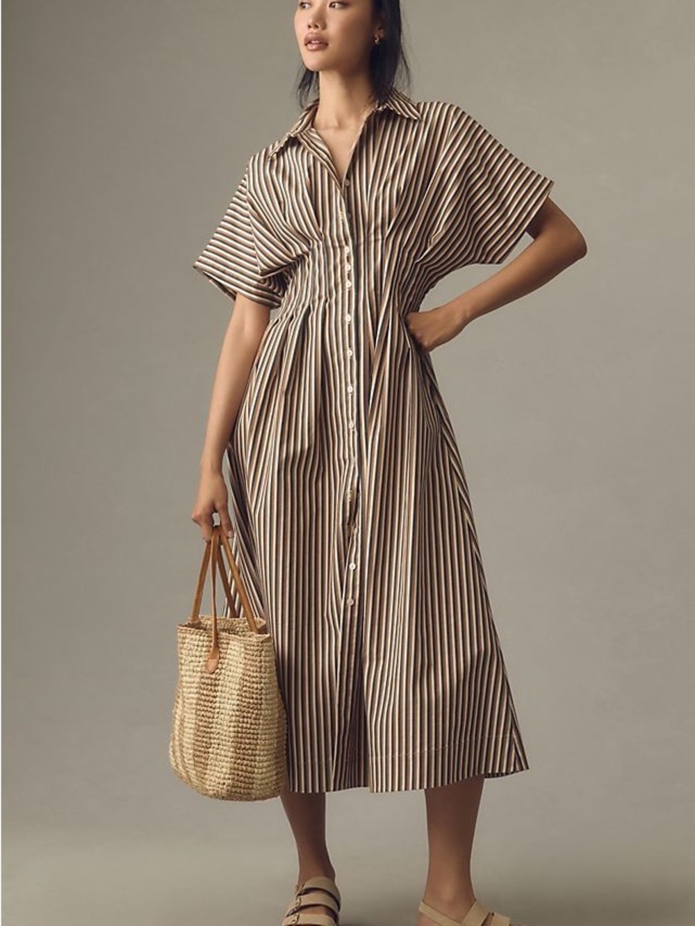 Anthropologie Tobin Dress - Striped Button-Front Midi Dress in Brown and Cream